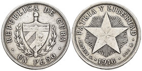 Cuba. 1 peso. 1916. (Km-15.2). Ag. 26,31 g. Almost VF. Est...20,00.