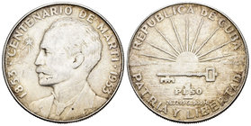 Cuba. 1 peso. 1953. (Km-29). Ag. 26,77 g. Centenario de José Martí. Almost XF. Est...25,00.