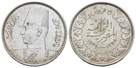 Egypt. 5 piastras. 1939 (1358 H). (Km-366). Ag. 7,01 g. Minor contact marks. Almost UNC. Est...25,00.