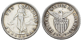 Philippines. 10 centavos. 1919. San Francisco. S. (Km-169). Ag. 1,98 g. Cleaned. Choice VF. Est...15,00.