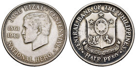 Philippines. 1/2 peso. 1961. (Km-191). Ag. 12,34 g. Centenario del Nacimiento de José Rizal. Choice VF. Est...20,00.