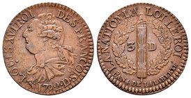 France. Louis XVI. 3 deniers. 1792. Lyon. (Km-608.1). (Gad-5). Ae. 3,28 g. Very rare. Almost XF. Est...300,00.