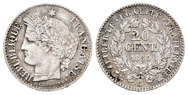 France. II Republic. 20 centimes. 1850. Bordeaux. K. (Km-758.3). (Gad-303). Ag. ...