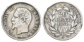 France. Napoleon III. 20 centimes. 1854. Paris. A. (Km-778.1). (Gad-305). Ag. 0,97 g. Nick on edge. Almost VF. Est...12,00.