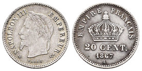 France. Napoleon III. 20 centimes. 1867. Paris. A. (Km-808.1). (Gad-309). Ag. 0,97 g. VF. Est...18,00.