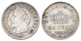 France. Napoleon III. 20 centimes. 1867. Strasbourg. BB. (Km-808.2). (Gad-309). Ag. 0,97 g. Almost VF. Est...15,00.