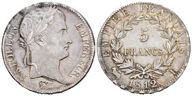 France. Napoleon Bonaparte. 5 francos. 1812. Rouen. B. (Km-694.2). Ag. 24,70 g. Hairlines. Toned. Almost XF. Est...150,00.