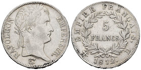 France. Napoleon Bonaparte. 5 francos. 1812. Lyon. D. (Km-694.5). Ag. 24,81 g. Hairlines. Choice VF. Est...100,00.