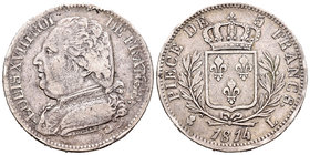 France. Louis XVIII. 5 francos. 1814. Bayonne. L. (Km-702.8). Ag. 24,85 g. Nicks on edge. Scarce. Almost VF/VF. Est...120,00.