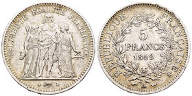 France. II Republic. 5 francos. 1849. Paris. A. (Km-756.1). (Gad-683). Ag. 24,93 g. VF. Est...25,00.