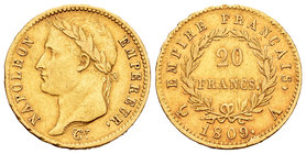 France. Napoleon Bonaparte. 20 francos. 1809. Paris. A. (Fried-516). (Gad-1025). Au. 6,40 g. Choice VF. Est...320,00.