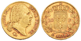 France. Louis XVIII. 20 francos. 1824. Paris. A. (Fried-538). (Km-712.1). 6,40 g. Choice VF/Almost XF. Est...320,00.