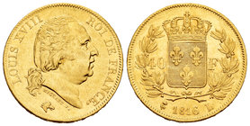 France. Louis XVIII. 40 francos. 1816. Bayonne. L. (Fried-534). (Km-713.4). Au. 12,83 g. Almost XF. Est...700,00.