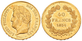 France. Louis Philip I. 40 francos. 1834. Paris. A. (Fried-557). (Km-747.1). Au. 12,86 g. It retains some luster. Almost XF/XF. Est...700,00.