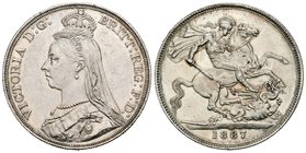 United Kingdom. Victoria Queen. 1 corona. 1887. (Km-765). Ag. 28,28 g. Minor contact marks. Original luster. Almost UNC. Est...175,00.