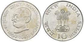 India. 10 rupias. 1969. (Km-185). Ag. 15,19 g. Centenario del nacimiento de Mahatma Gandhi (1869-1948). Almost UNC. Est...20,00.