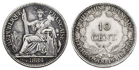 French Indochina. 10 céntimos. 1884. Paris. A. (Km-4). Ag. 2,72 g. Rayitas. Pátina irregular. XF. Est...50,00.