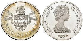 Cayman Islands. Elizabeth II. 5 dollars. 1974. (Km-8). Ag. 35,64 g. PR. Est...30,00.