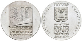 Israel. 10 lirot. 1973. (Km-71). Ag. 25,76 g. XXV aniversario de la independencia. PR. Est...25,00.