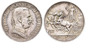 Italy. Vittorio Emanuele III. 1 lira. 1917. Rome. (Km-57). Ag. 4,99 g. Golpecitos. VF. Est...25,00.