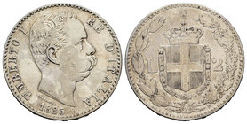 Italy. Umberto I. 2 liras. 1885. Rome. R. (Km-23). (Pagani-595). (Mont-40). Ag. 9,86 g. Scarce. Choice F. Est...40,00.
