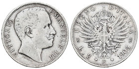 Italy. Vittorio Emanuele III. 2 liras. 1905. Rome. R. (Km-33). (Pagani-729). (Mont-144). Ag. 9,90 g. Rare. Choice F/Almost VF. Est...70,00.