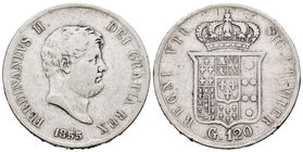Italy. Napoli and Sicily. Ferdinando II. 120 grana. 1855. (Km-370). (Pagani-84). (Mont-821). Ag. 27,14 g. F. Est...30,00.