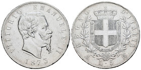 Italy. Vittorio Emanuele II. 5 liras. 1873. Milano. BN. (Km-8.3). (Pagani-496). (Mont-180). Ag. 24,96 g. Minor nicks on edge. Cleaned. Choice VF. Est....