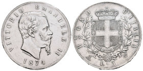 Italy. Vittorio Emanuele II. 5 liras. 1874. Milano. BN. (Km-8.3). Ag. 24,92 g. Almost XF. Est...70,00.