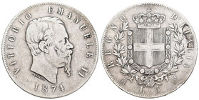 Italy. Vittorio Emanuele II. 5 liras. 1874. Milano. BN. (Km-8.3). (Pagani-498). (Mont-182). Ag. 24,69 g. Choice F. Est...25,00.