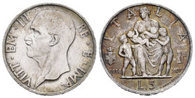 Italy. Vittorio Emanuele III. 5 liras. 1936 (Anno XIV). Rome. R. (Km-79). (Pagani-719). (Mont-133). Ag. 5,00 g. Choice VF. Est...40,00.