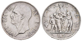Italy. Vittorio Emanuele III. 5 liras. 1937 (Anno XV). Rome. R. (Km-79). (Pagani-720). (Mont-134). Ag. 5,00 g. Scarce. Almost XF. Est...60,00.