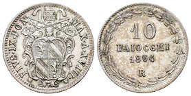 Italy. Papal States. Pio IX. 10 baiocchi. 1864 (Ann XVIII). Rome. R. (Km-1342b). (Pagani-449a). Ag. 2,87 g. Choice VF. Est...40,00.