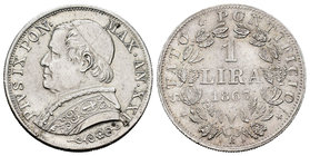 Italy. Papal States. Pio IX. 1 lira. 1867 (Ann XXII). Rome. R. (Km-1048). (Pagani-570). (Mont-380). Ag. 4,99 g. Almost XF. Est...35,00.
