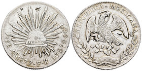 Mexico. 8 reales. 1877. Guanajuato. FR. (Km-377.8). Ag. 26,81 g. Chop marks. Choice VF. Est...70,00.
