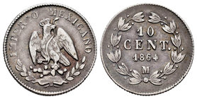 Mexico. Maximiliano. 10 centavos. 1864. México. (Km-386.1). Ag. 2,71 g. Choice VF. Est...60,00.