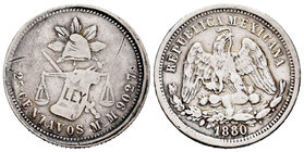 Mexico. 25 centavos. 1880. México. (Km-406.7). Ag. 6,75 g. Choice F. Est...15,00.