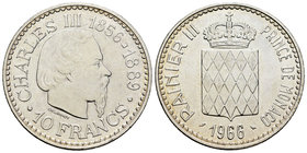 Monaco. Rainier III. 10 fráncos. 1966. (Km-146). (Gad-155). Ag. 25,00 g. 110º Aniversario de la Coronación de Charles III. Brillo original. AU. Est......