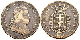 Portugal. Joao V. 40 reis. 1820. (Km-345.1). (Gomes-04.02). Ae. 37,48 g. Choice F. Est...35,00.
