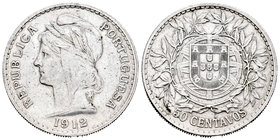 Portugal. 50 centavos. 1912. (Km-561). Ag. 12,37 g. Choice VF. Est...25,00.