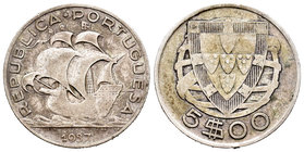 Portugal. 5 escudos. 1937. (Km-581). Ag. 6,81 g. Scarce. Almost VF. Est...65,00.