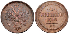 Russia. Alexander II. 3 kopecks. 1860. Ekaterinburg. EM. (Km-Y5a.1). (Bitkin-324). Ae. 14,69 g. VF. Est...30,00.