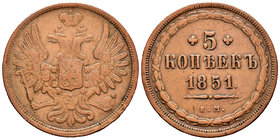 Russia. Nicholas I. 5 kopecks. 1851. Ekaterinburg. EM. (Km-C152.1). (Bitkin-580). Ae. 26,70 g. Scarce. Almost VF. Est...120,00.