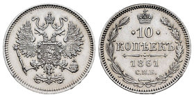 Russia. Alexander II. 10 kopecks. 1861. Saint Petesburg. (Km-Y20.2). (Bitkin-292). Ag. 2,05 g. Slightly cleaned. XF. Est...45,00.