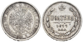 Russia. Alexander II. Poltina (1/2 rublo). 1877. Saint Petesburg. (Km-Y24). (Bitkin-125). Ag. 10,31 g. Minor nick on edge. VF. Est...60,00.