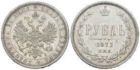 Russia. Alexander II. 1 rublo. 1877. Saint Petesburg. (Km-Y25). (Bitkin-92). Ag. 20,72 g. Original luster. AU. Est...180,00.