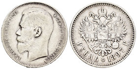 Russia. Nicholas II. 1 rublo. 1897. Brussels. (Km-59.3). Ag. 19,84 g. Dos estrellas en el canto. Choice F. Est...40,00.