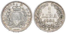 San Marino. 1 lira. 1906. Rome. R. (Km-4). Ag. 4,96 g. Almost XF. Est...50,00.