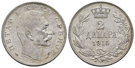Serbia. Peter I. 2 dinares. 1915. (Km-26.1). Ag. 10,02 g. It retains some luster. AU. Est...35,00.