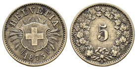 Switzerland. 5 rappen. 1873. Bern. B. (Km-5). Ag. 1,73 g. Choice VF. Est...20,00.